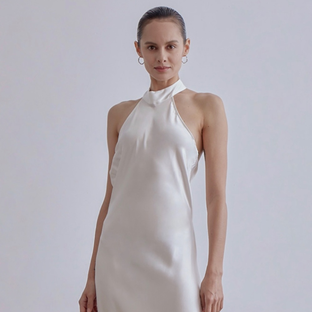 French Bow Halterneck Silk Maxi Dress